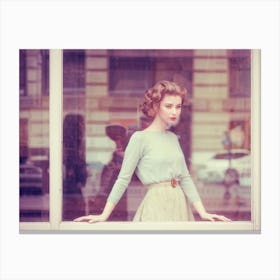 Vintage Style Photography Of A Young Lady Posing In Front Of A Blurry City Shop Window Shot In Retr (1) Canvas Print