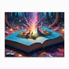 A Magical, Fantastical Forest Scene With A Book Resting On The Forest Floor, Glowing With Light And Surrounded By Vibrant Green Foliage And Ethereal Particles Canvas Print