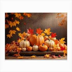 Autumn Themed Table Decoration Scattered Maple Leaves In Warm Shades Intermixed With Small Pumpkin (7) Canvas Print