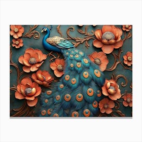 Peacock With Flowers 1 Canvas Print