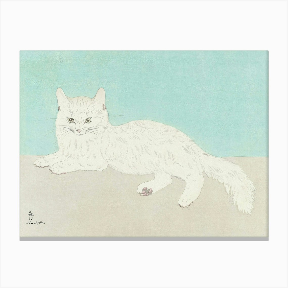 White Cat, Vintage Japanese Art, Soft Pastel Colors, Vintage Cat Art Canvas Print by Vibrant Vintage