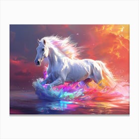 White Horse Running In The Water Canvas Print