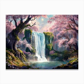 Majestic Waterfall Cherry Blossom Forest Painting #6 Canvas Print