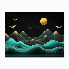 This Is A 3d With Golden Mountains, Turquoise and Black Lines, And Birds Canvas Print