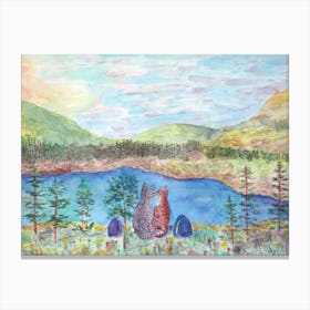 Cats Have Fun Cats On A Hike On A Lake In The Mountains Canvas Print