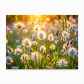 Field Of White Fluffy Flowers In Sunset Light Canvas Print