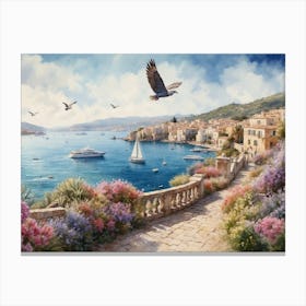 Oil Painting of Mediterranean Coastal View Canvas Print