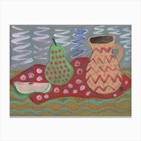 Still Life In Ochre Red Green - naive hand painted food kitchen vase pear Canvas Print