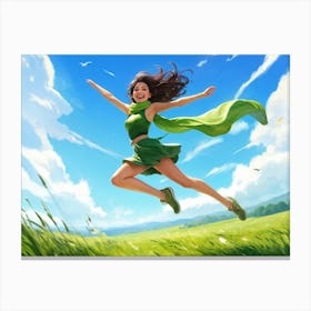 Digital Painting Of A Joyful Young Woman In Mid Jump Clad In Vibrant Green Sportswear Her Slim Fig Leinwandbild