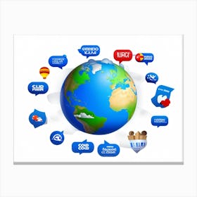 Blue Globe Three Dimensional Icon Designs Of A Speech Bubble And A Translator Symbol Fused Into The (3) Canvas Print