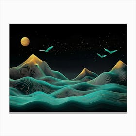 This Is A 3d With Golden Mountains, Turquoise and Black Lines and Birds 1 Canvas Print