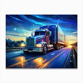 Blue Truck On A Highway At Sunset Canvas Print