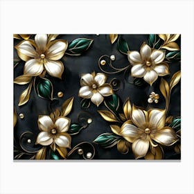 Luxury Floral Seamless With Flowers Elegant Leather Texture In Golden, Green and White Canvas Print