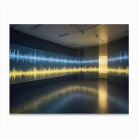 An Empty Room With A Screen Displaying A Blue And Yellow Sound Wave Pattern, Reflected On The Glossy Floor Canvas Print