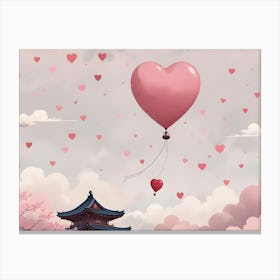 Heart Shaped Hot Air Balloon Flying Over A Pink Blooming Landscape Canvas Print