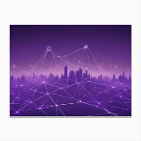 Abstract Cityscape Silhouette With Purple Glowing Mesh Network Overlay, Representing Connectivity Canvas Print