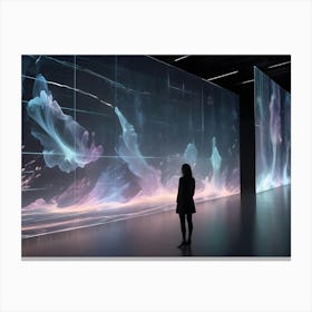 A Woman Stands In A Large Gallery Space, Facing A Digital Display With Abstract, Flowing Patterns In Shades Of Blue, Pink, And White Canvas Print