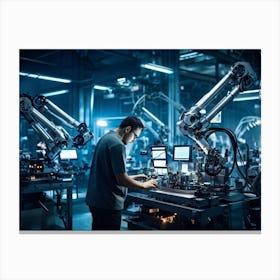 An Artificial Intelligence Engineer Immersed In A High Tech Manufacturing Factory Examining The Com Canvas Print