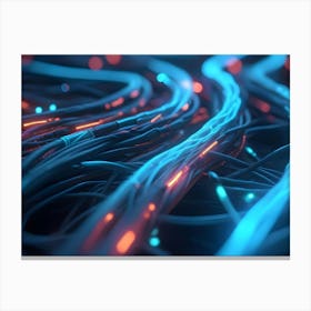 Abstract Close Up Of Glowing Blue And Orange Fiber Optic Cables, Representing Data Transmission And Technology Canvas Print