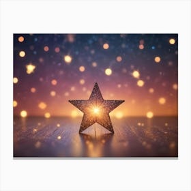 A Golden Star On A Wooden Surface With A Blurred Background Of Colorful Bokeh Lights Canvas Print