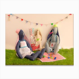 Handmade Cloth Rabbit Dolls Sitting On The Grass And Celebrating In Party Concept Canvas Print