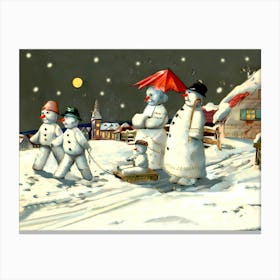 Snowman Family On The Christmas Eve Canvas Print