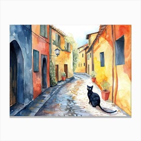 Black Cat In Reggio Emilia, Italy, Street Art Watercolour Painting 3 Canvas Print
