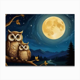 Owls under the moonlight Canvas Print