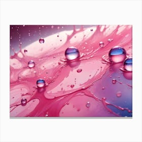 A Macro Photograph Of Water Droplets On A Pink Surface With A Splash Effect Canvas Print