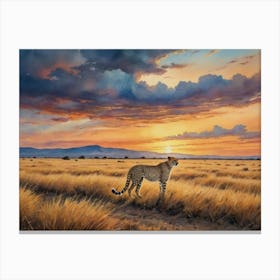 Endless Horizons: The African Savannah Cheetah At Sunset Canvas Print