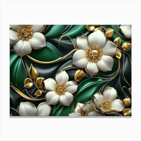 Luxury Floral Seamless with Flowers Elegant Leather Texture Illustration Background in Golden, Green, White 1 Canvas Print