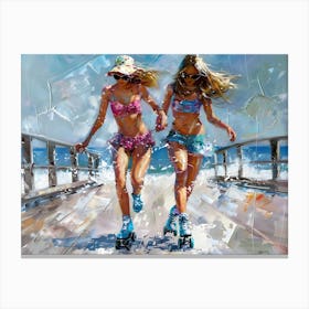 Girls Roller Skating On Boardwalk Canvas Print