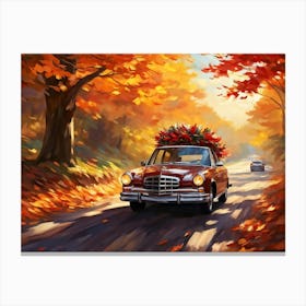 Autumnal Landscape Autumnal Leaves Cascading Down As A Car Adorned With Holiday Wreaths And Ribbon (4) Canvas Print