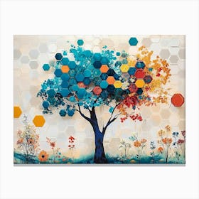 Vibrant Turquoise Tree and Colorful Hexagons, White Lattice and Floral Canvas Print