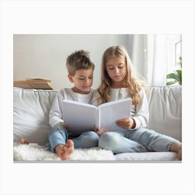 Create A Photorealistic Image Of A Boy And A Girl, Approximately 8 Years Old, Sitting On A Couch In A White Room With Natural Lighting Stampe su tela