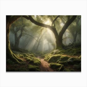 A Misty Morning Stroll in a Lush Forest 1 Canvas Print