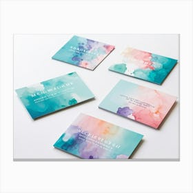 Bundle Of Creative Business Cards Featuring Watercolor Splashes Bursts Of Vibrant Colors In Shades Canvas Print