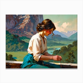 Woman Knitting Canvas Print