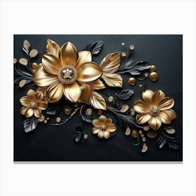 3d Artwork Illustration Background With Golden Jewelry And Flowers, In Black Design 1 Canvas Print