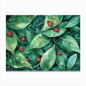 Ladybugs On Green Leaves Canvas Print