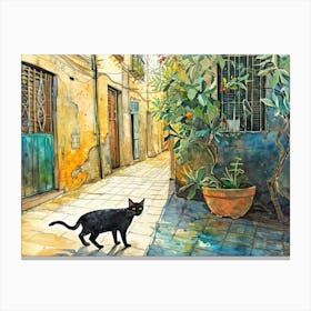 Black Cat In Palermo, Italy, Street Art Watercolour Painting 2 Canvas Print
