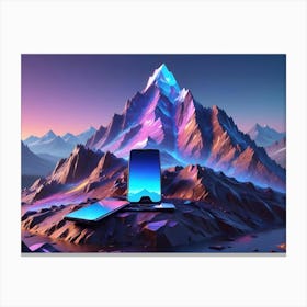 Three Smartphones Sit On A Rocky Surface, With A Vibrant, Glowing Mountain Range In The Background Canvas Print