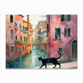 Black Cat In Venice, Italy, Street Art Watercolour Painting 3 Canvas Print