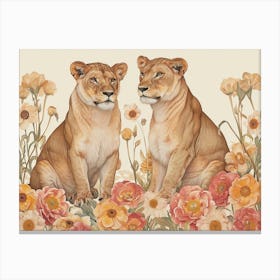 Floral Animal Illustration Lion 2 Canvas Print