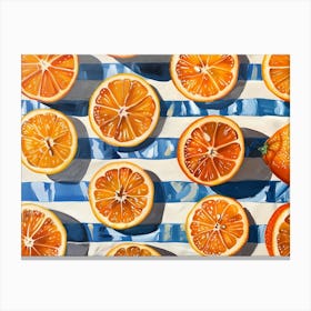 Oranges On A Blue And White Stripe Canvas Print