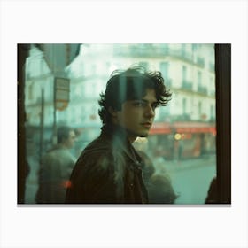 Young Man From Spain Posing Camera View Emulating A Photograph Captured Through A Misted Shop Wind Canvas Print