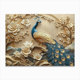 Golden 3d Peacock With Flowers On Wooden Circle Background Canvas Print