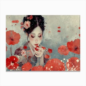 Geisha Grace: Elegance in Burgundy and Grey. Poppies Canvas Print