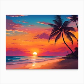 A Tranquil Beach At Sunset Horizontal Illustration 29 Canvas Print