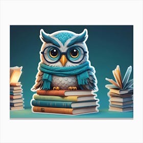 A Cute, Cartoon Owl Wearing Glasses And A Scarf, Sitting On A Stack Of Books Canvas Print